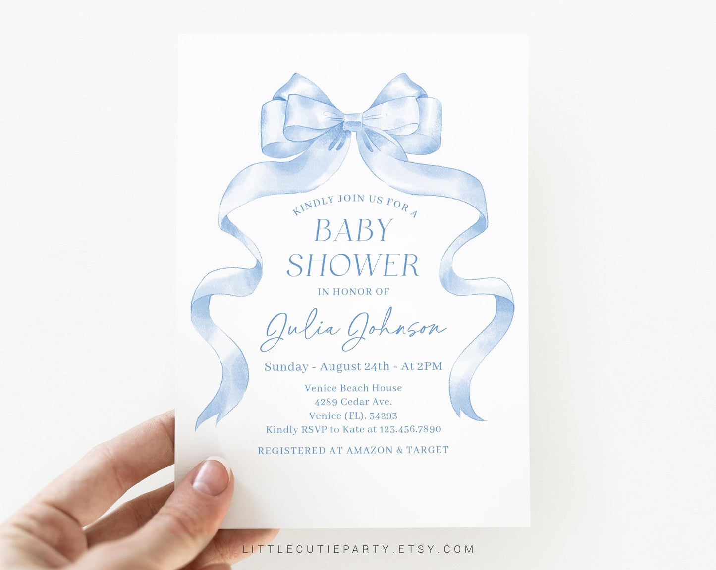 Editable Blue Bow Baby Shower Invitation, Blue Ribbon Baby Shower Invitation, with Diaper Raffle, Books for Baby and Tag Baby Boy BBWBS001