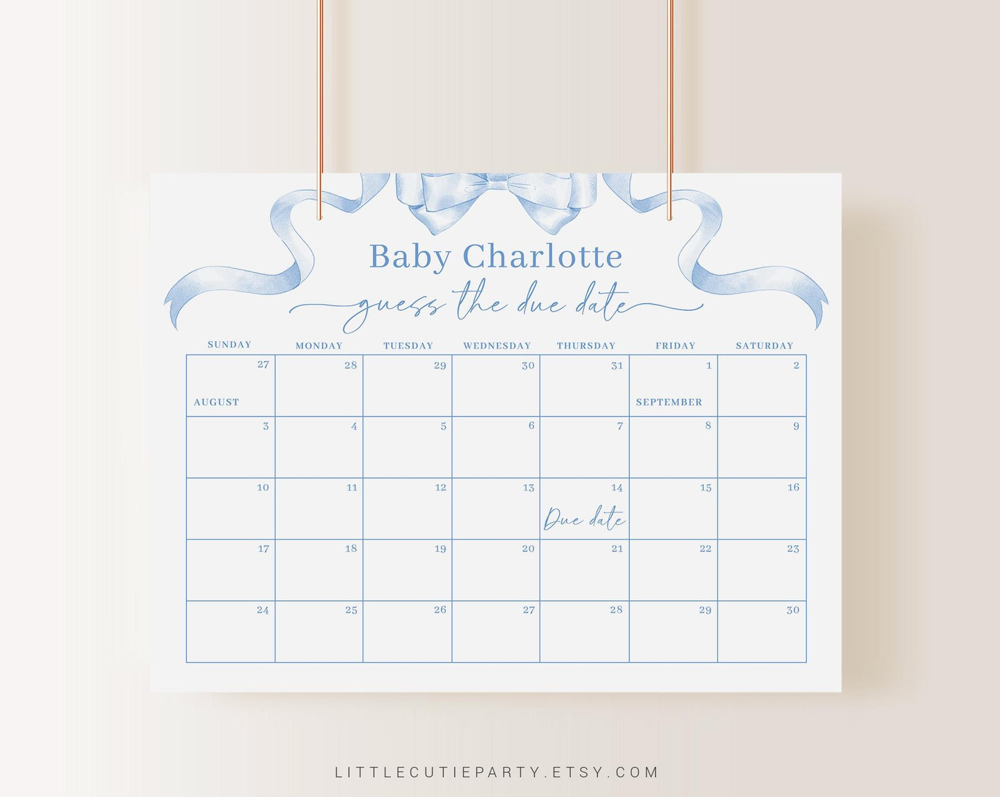 Editable Blue Bow Baby Shower Due Date Calendar, Blue Ribbon Baby Shower Calendar Games for Boy Baby Shower BBWBS001