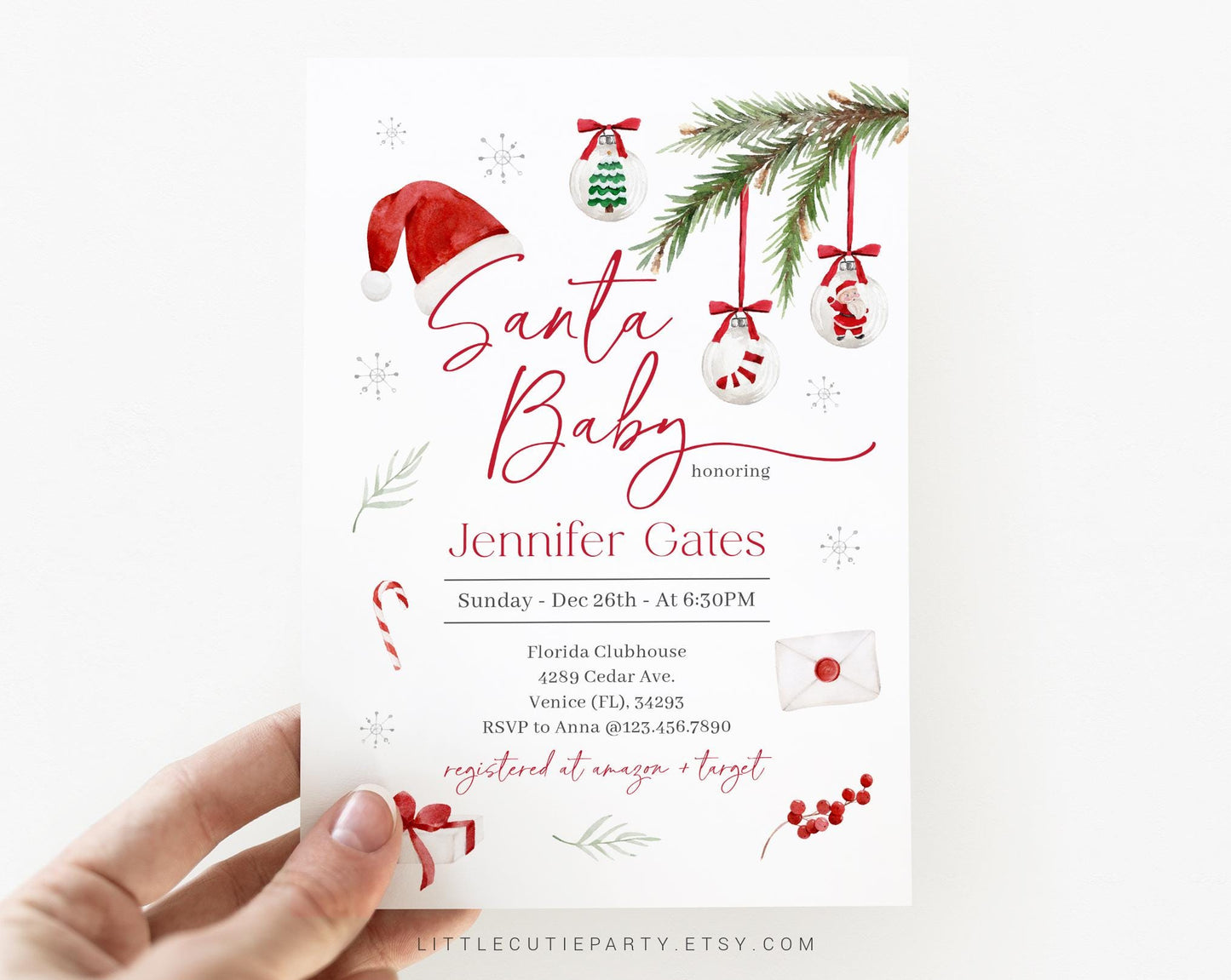 Editable Santa Baby Shower Invitation, Christmas Baby Shower Invitation with Diaper Raffle, Books for Baby and Tag SNTBS002