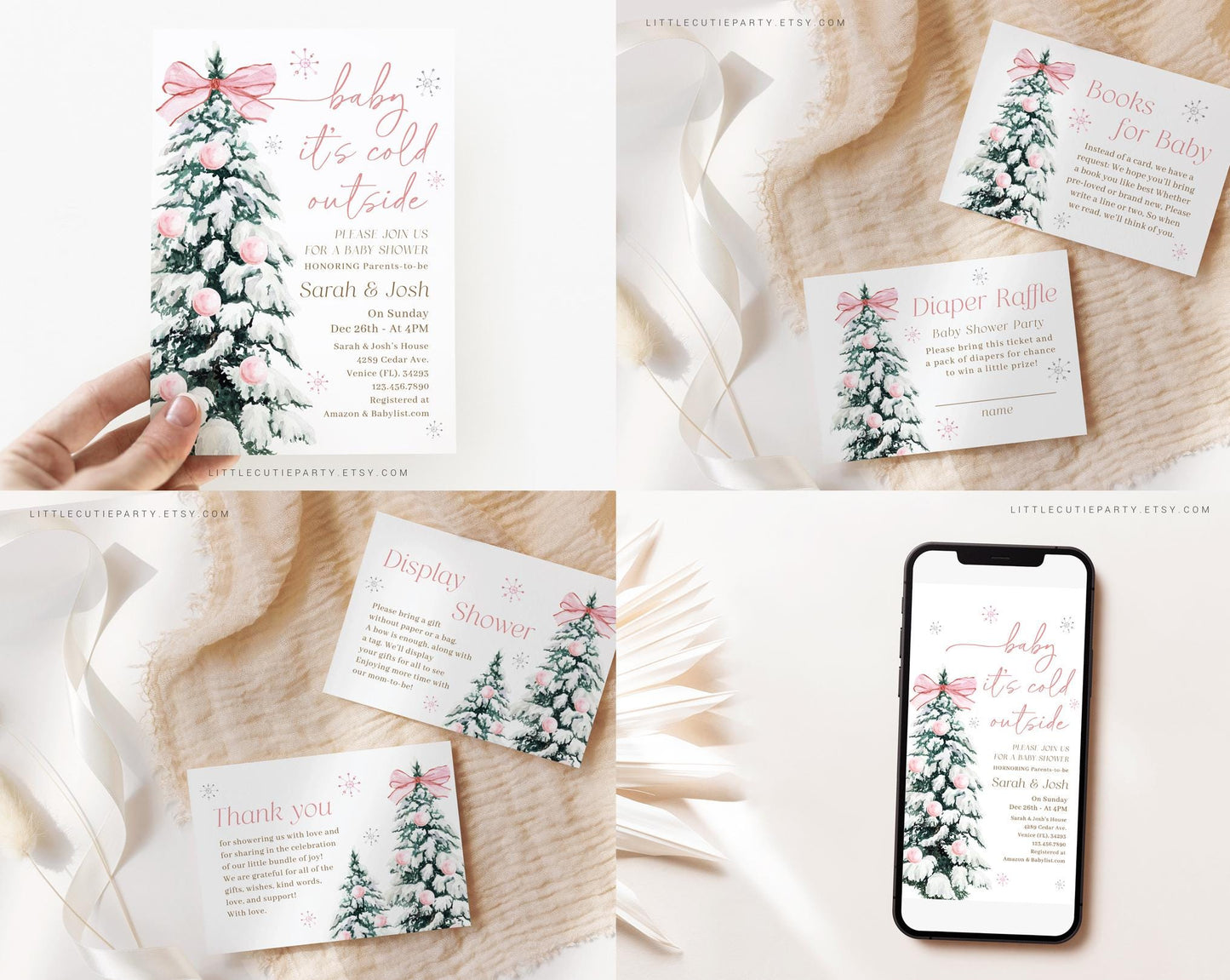 Editable Baby Its Cold Outside Pink Baby Shower Invitation Bundle, Girl Winter Baby Shower Bundle Set with Games Bundle and Decor PWINBS001