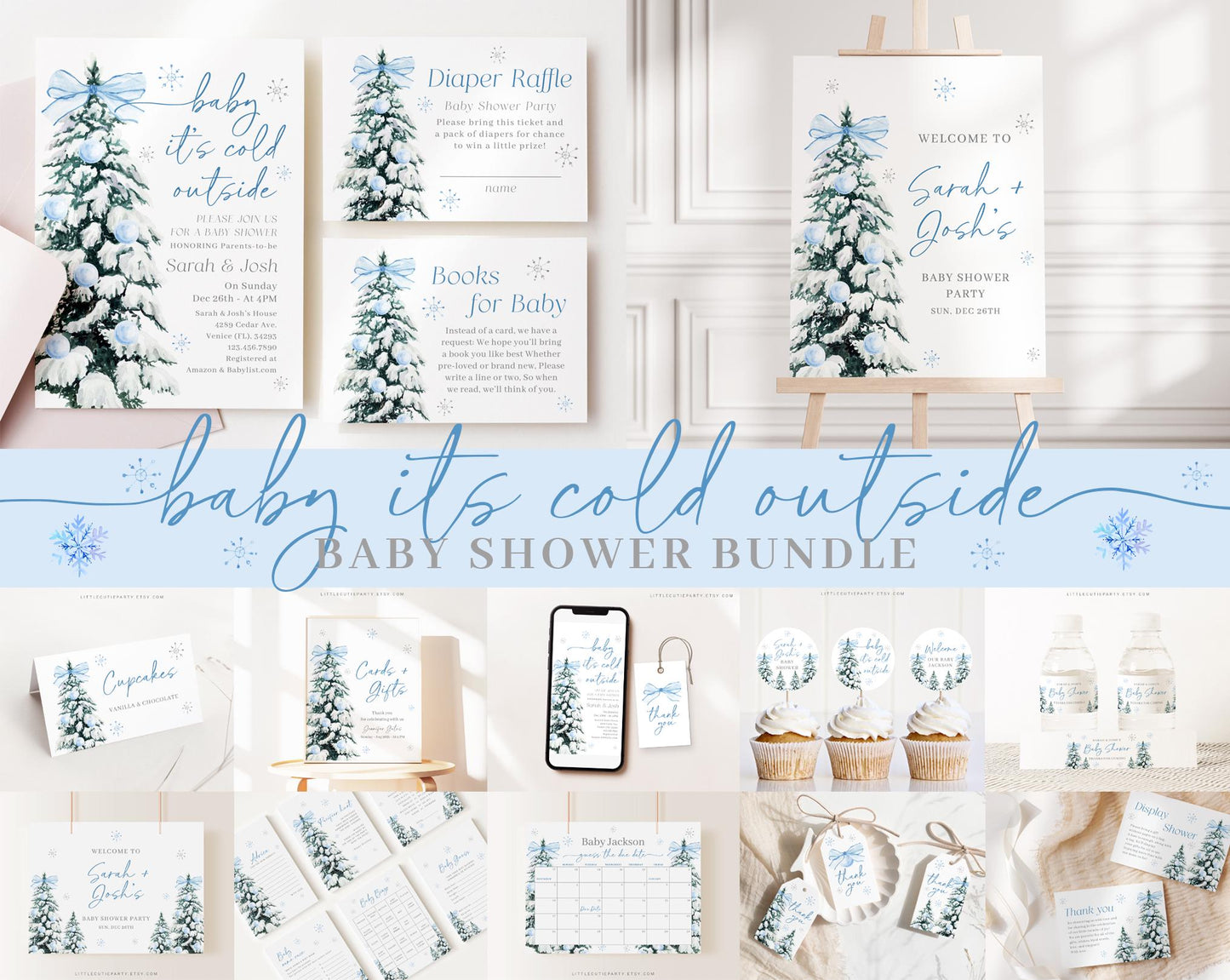 Editable Baby Its Cold Outside Blue Baby Shower Invitation Bundle, Baby Its Cold Outside Boy Shower Bundle with Games and Decor BWINBS001