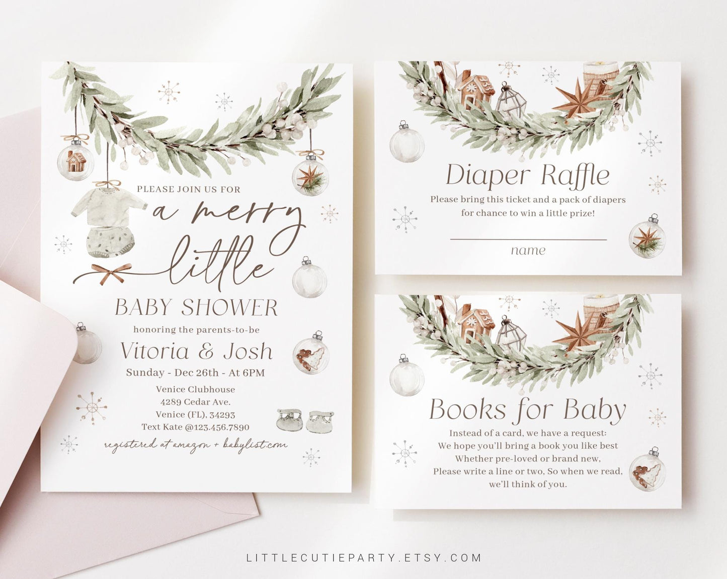 Editable A Merry Little Baby Shower Invitation, Retro Christmas Baby Shower with Diaper Raffle, Books for Baby and Tag MRYBS002