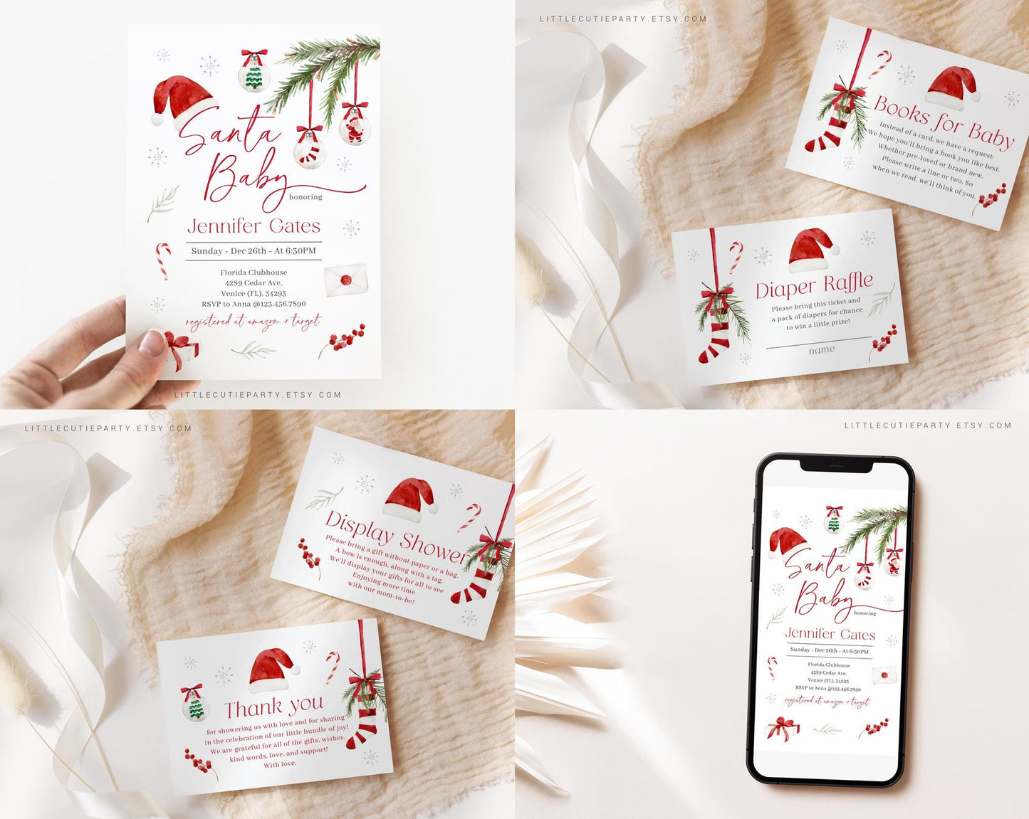 Editable Santa Baby Shower Invitation Bundle, Christmas Baby Shower Bundle Set with Games Bundle and Baby Shower Decorations SNTBS002