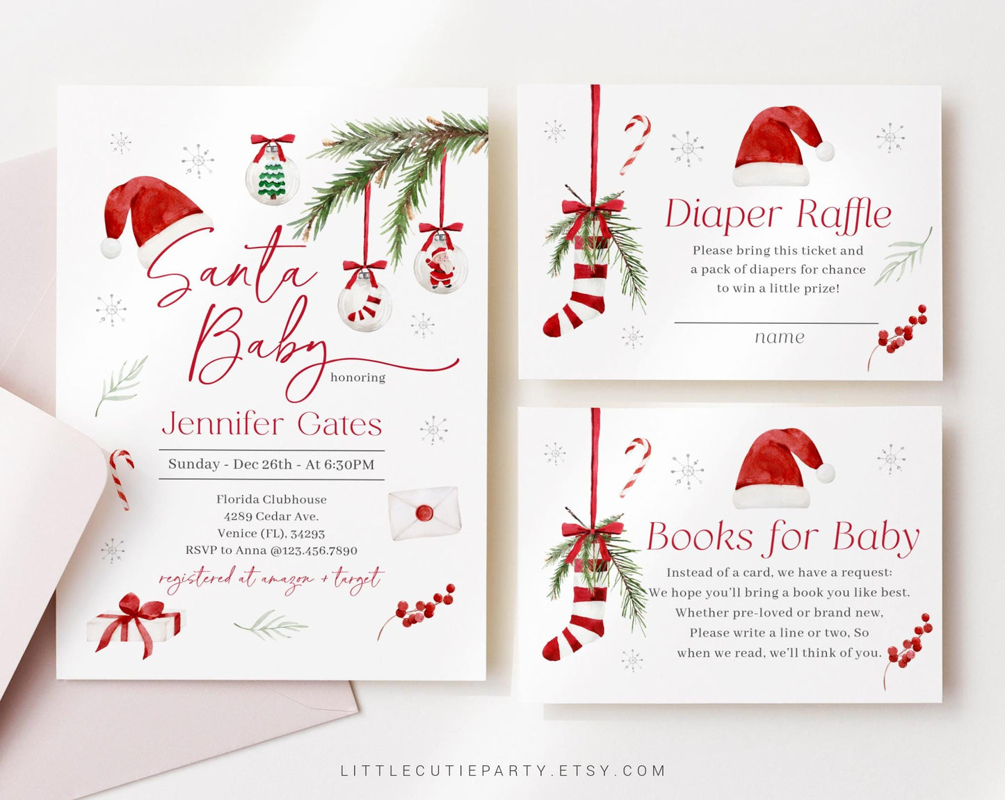 Editable Santa Baby Shower Invitation, Christmas Baby Shower Invitation with Diaper Raffle, Books for Baby and Tag SNTBS002