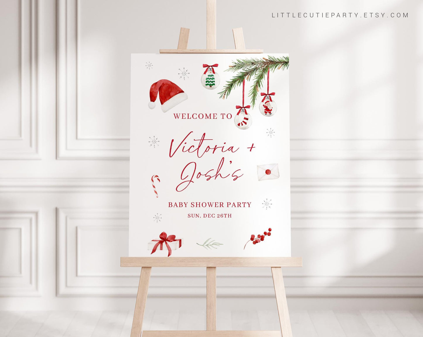 Editable Santa Baby Shower Welcome Sign, Christmas Baby Shower Sign, Welcome Board, Winter Welcome Template SNTBS002