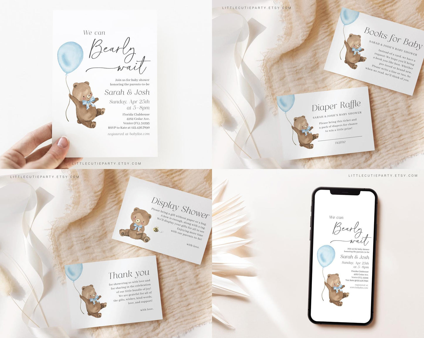 Editable We Can Bearly Wait Boy Baby Shower Invitation, Bearly Wait Blue Baby Shower Bundle, Game Bundle, with Baby Shower Activity BRWBS002