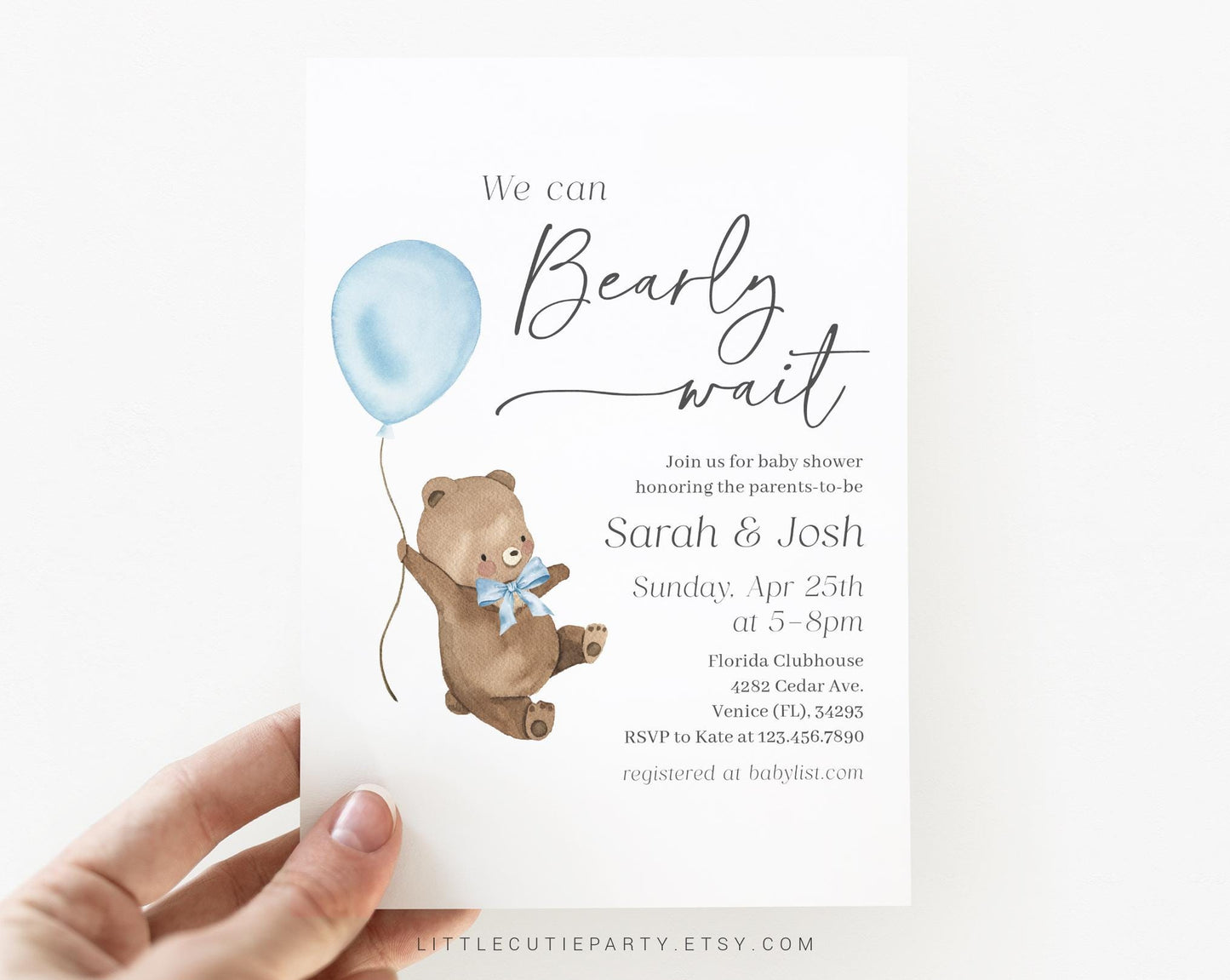 Editable We Can Bearly Boy Wait Baby Shower Invitation, Bearly Wait Blue Invite with Diaper Raffle, Books for Baby and Tag BRWBS002