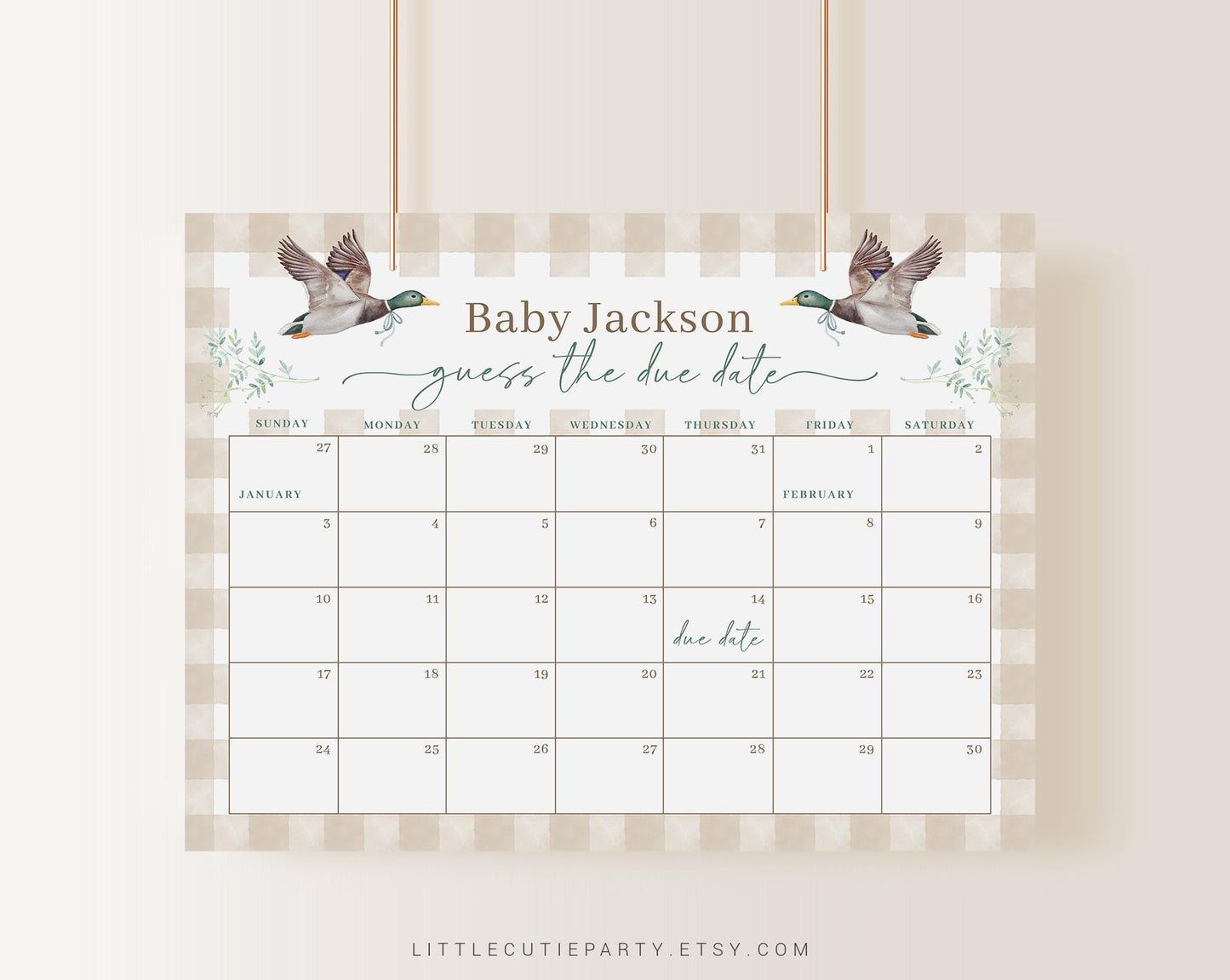 Editable Mllard Baby Shower Due Date Calendar, Mallard Duck Baby Games, Due Date Calendar for Gingham Duck Theme MALBS002