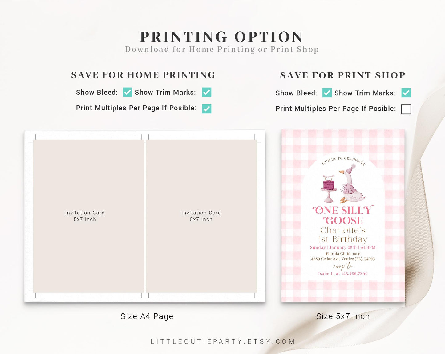 Editable One Silly Goose Birthday Invitation Invitation, Girl 1st Birthday Pink Invitation, Goose First Birthday Card with Gift Tag GOSBD001