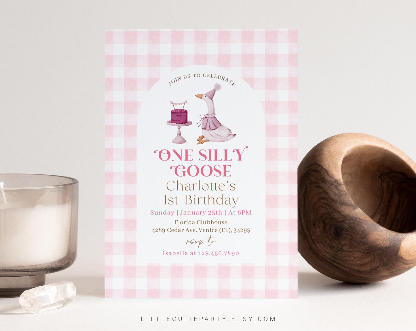 Editable One Silly Goose Birthday Invitation Invitation, Girl 1st Birthday Pink Invitation, Goose First Birthday Card with Gift Tag GOSBD001