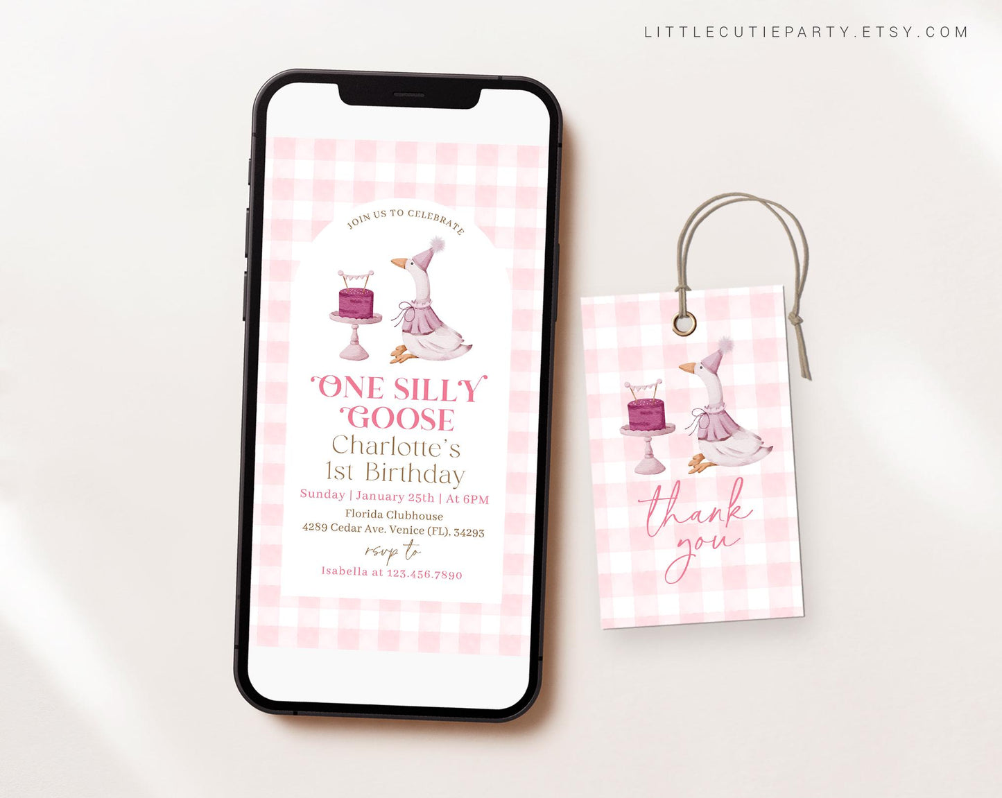 Editable One Silly Goose Birthday Girl Invite, Girl 1st Birthday Pink Evite Template with Picture, One Silly Goose Evite with Tag GOSBD001