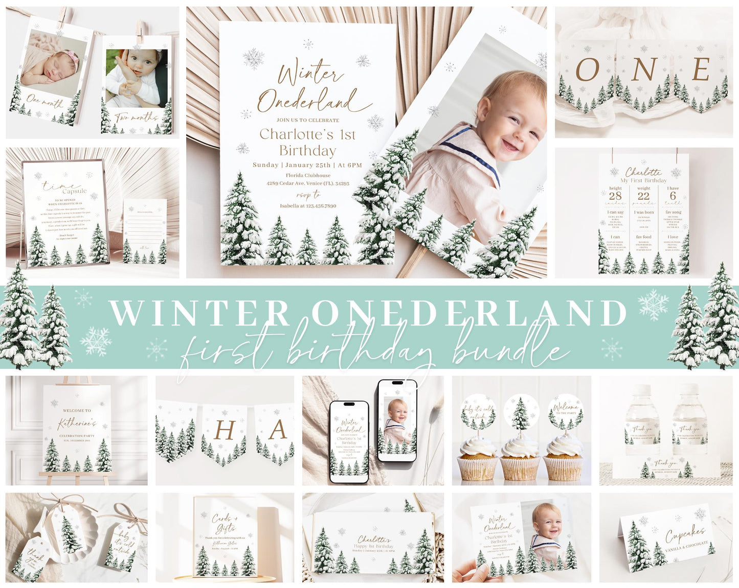 Editable Winter Onederland Birthday Invitation Bundle, Winter Birthday Invitation, Winter 1st Birthday Bundle with Decorations WIOBD001