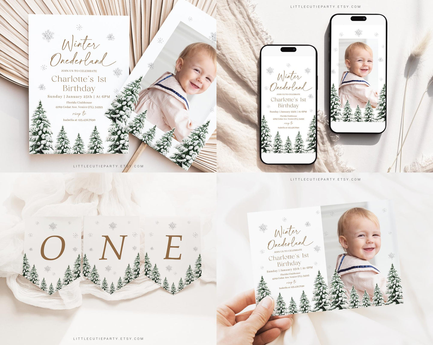 Editable Winter Onederland Birthday Invitation Bundle, Winter Birthday Invitation, Winter 1st Birthday Bundle with Decorations WIOBD001