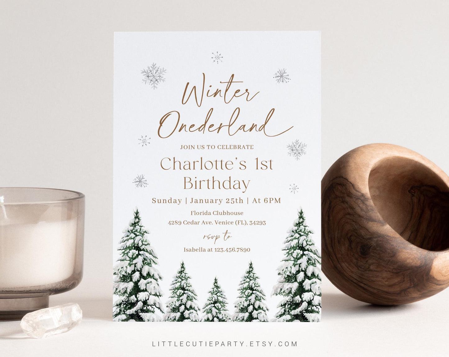 Editable Winter One-derland Birthday Invitation with Picture, Winter First Birthday Invitation, Winter Invitation with Favor Tag WIOBD001