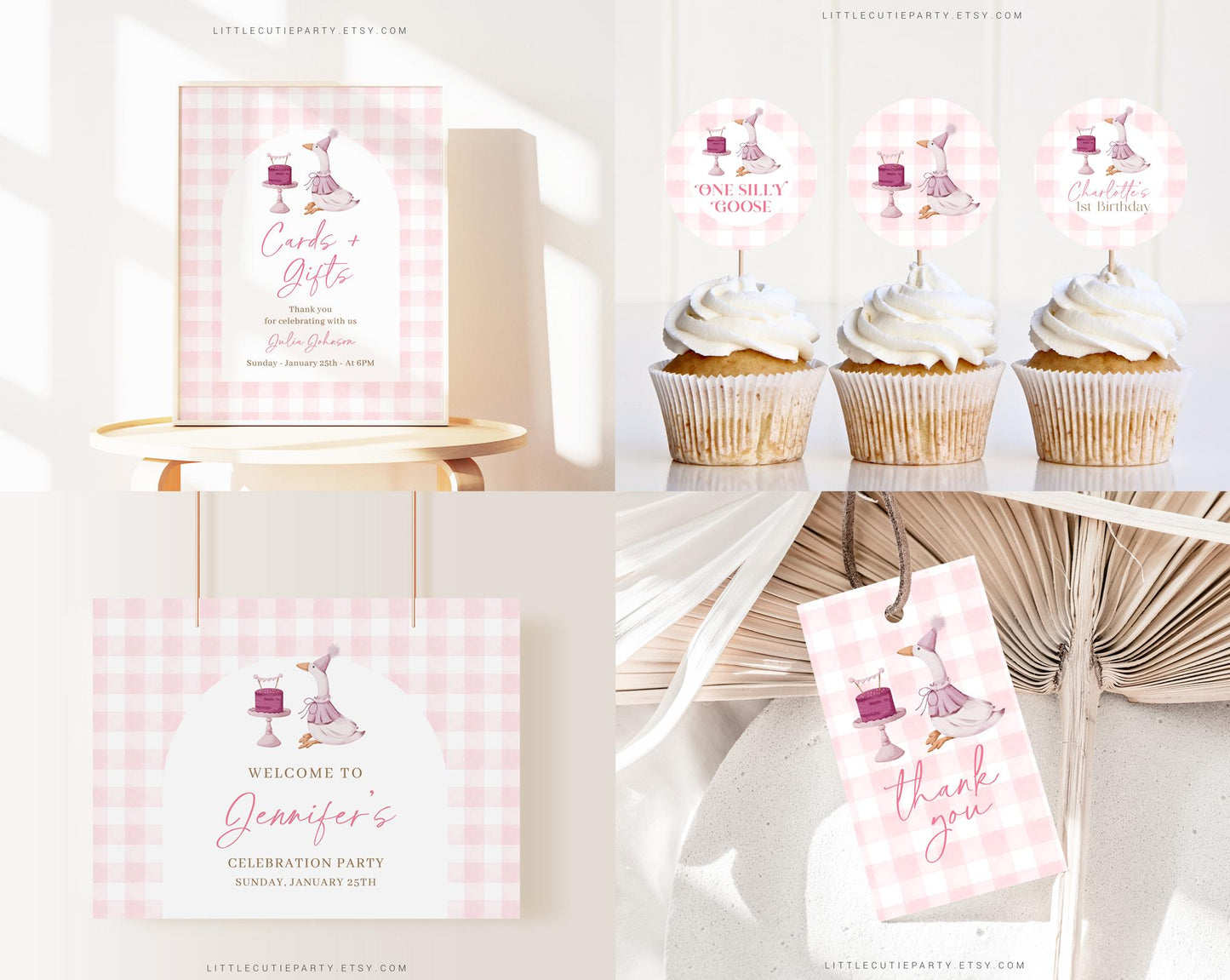 Editable One Silly Goose First Birthday Invitation Bundle, One Silly Goose Birthday Girl Invite, Pink Goose First Birthday Bundle GOSBD001
