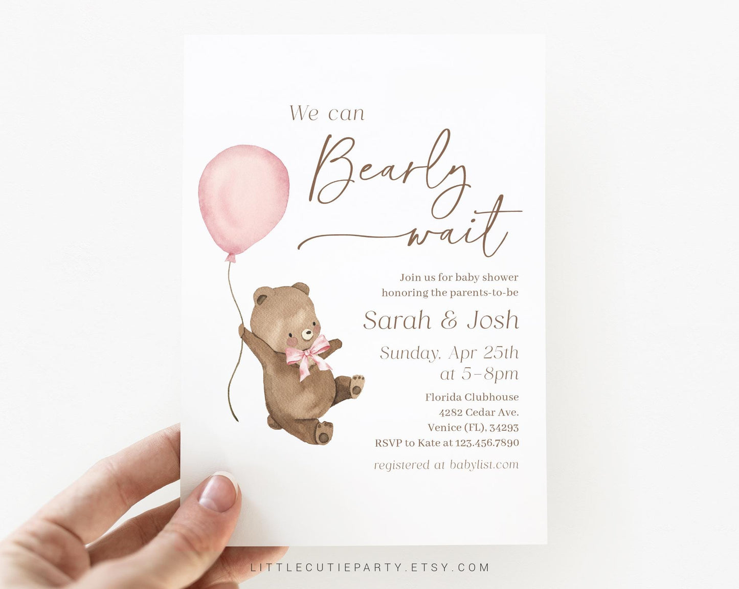 Editable We Can Bearly Grl Wait Baby Shower Invitation, Bearly Wait Pink Invite with Diaper Raffle, Books for Baby and Tag BRWBS003