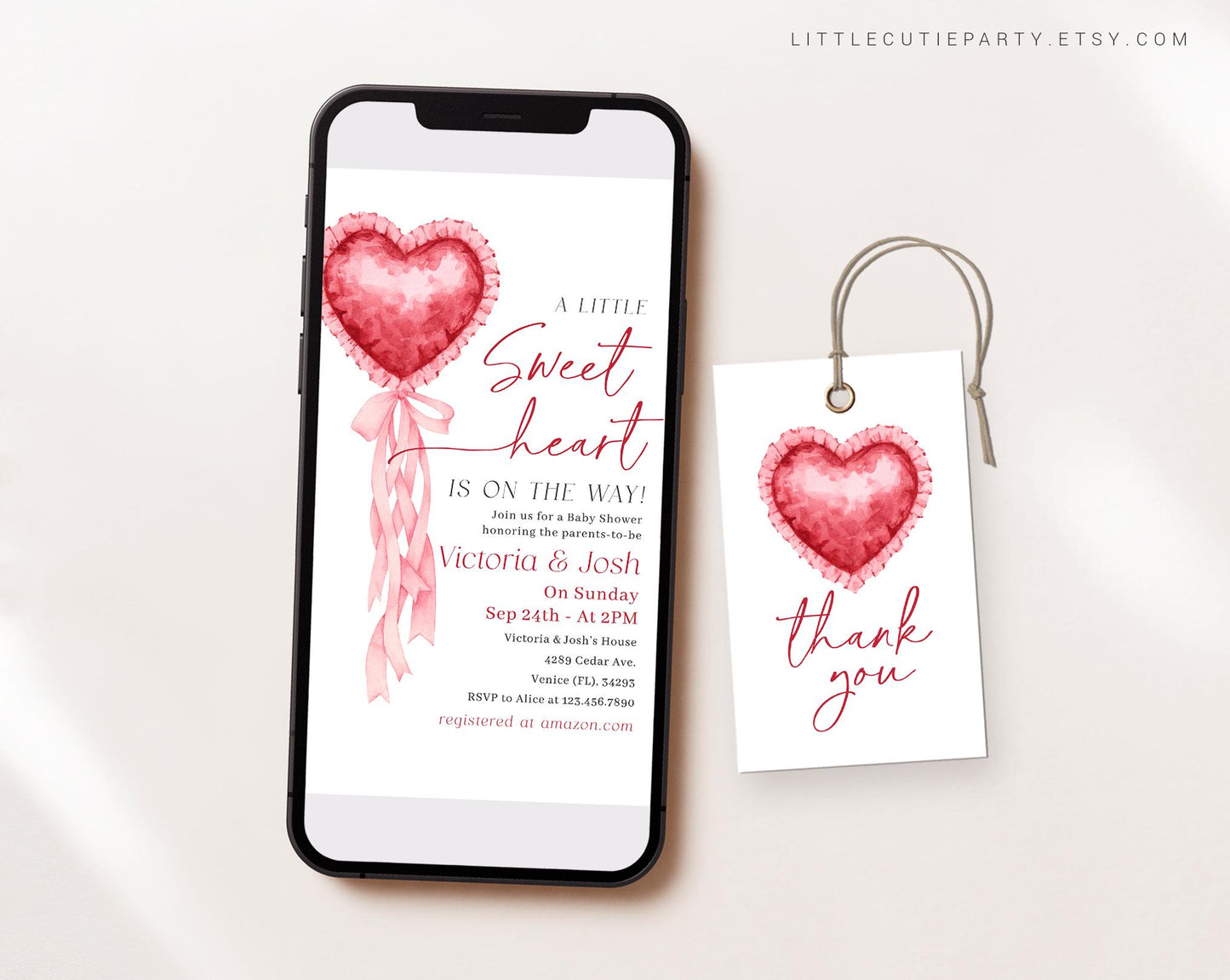 Editable Valentines Baby Shower Invite, Little Sweetheart Baby Shower Invite Set, Heart Digital Invitation Evite SWHBS002