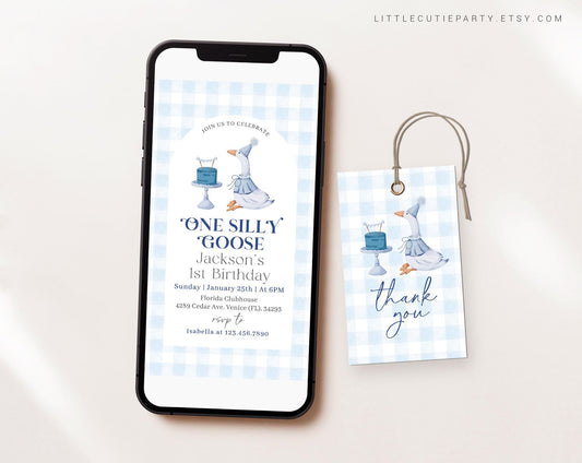 Editable One Silly Goose Birthday Boy Invite, Boy 1st Birthday Blue Evite Template with Picture, One Silly Goose Evite with Tag GOSBD002