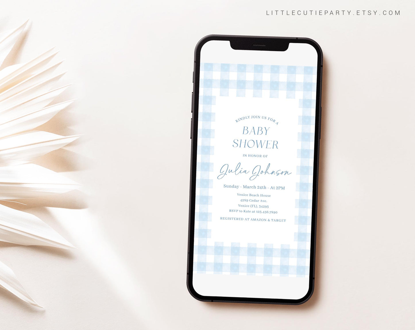 Editable Blue Gingham Baby Shower Invite, Blue Baby Shower Invitations, Baby Shower Digital Invitation Evite for Baby Blue Boy BGHBS002