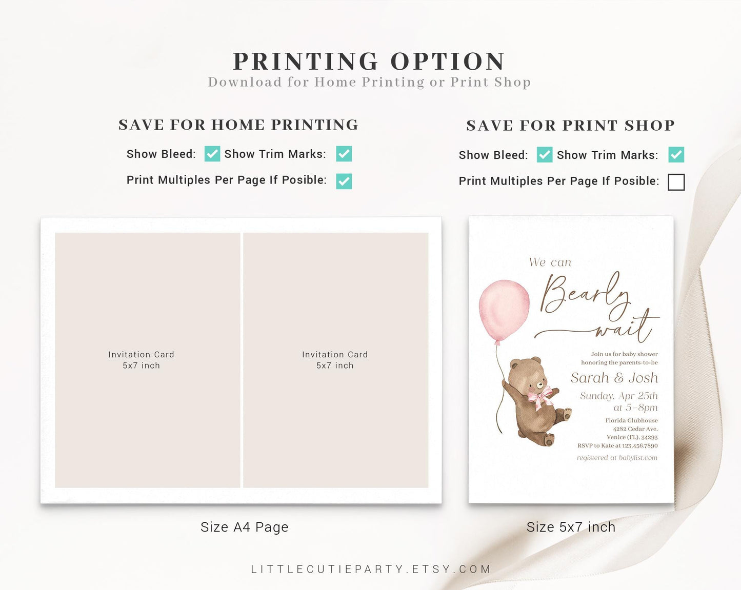Editable We Can Bearly Grl Wait Baby Shower Invitation, Bearly Wait Pink Invite with Diaper Raffle, Books for Baby and Tag BRWBS003