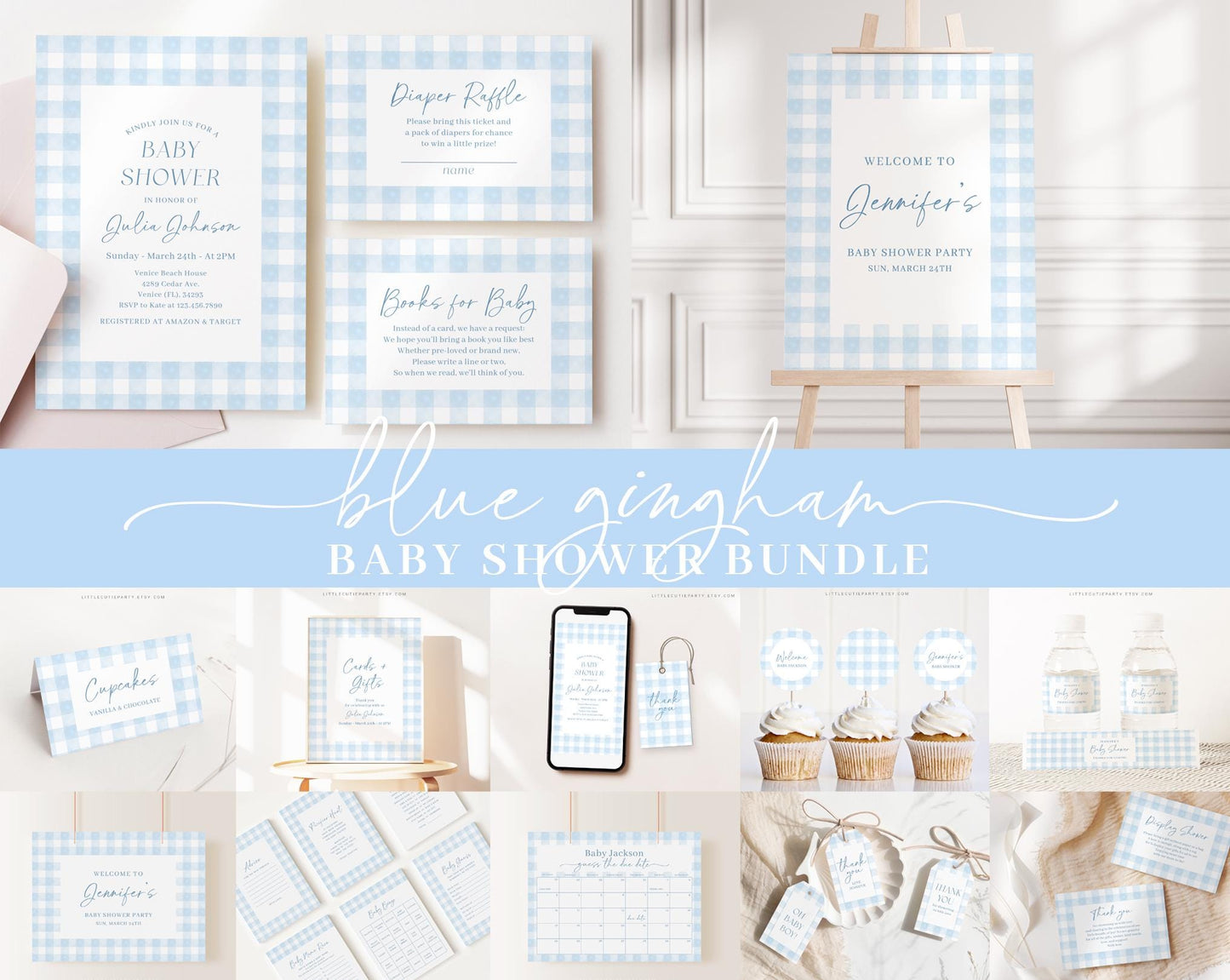 Editable Blue Gingham Baby Shower Invitation Bundle, Baby Blue Boy Bundle Set with Games Bundle and Blue Shower Decorations BGHBS002