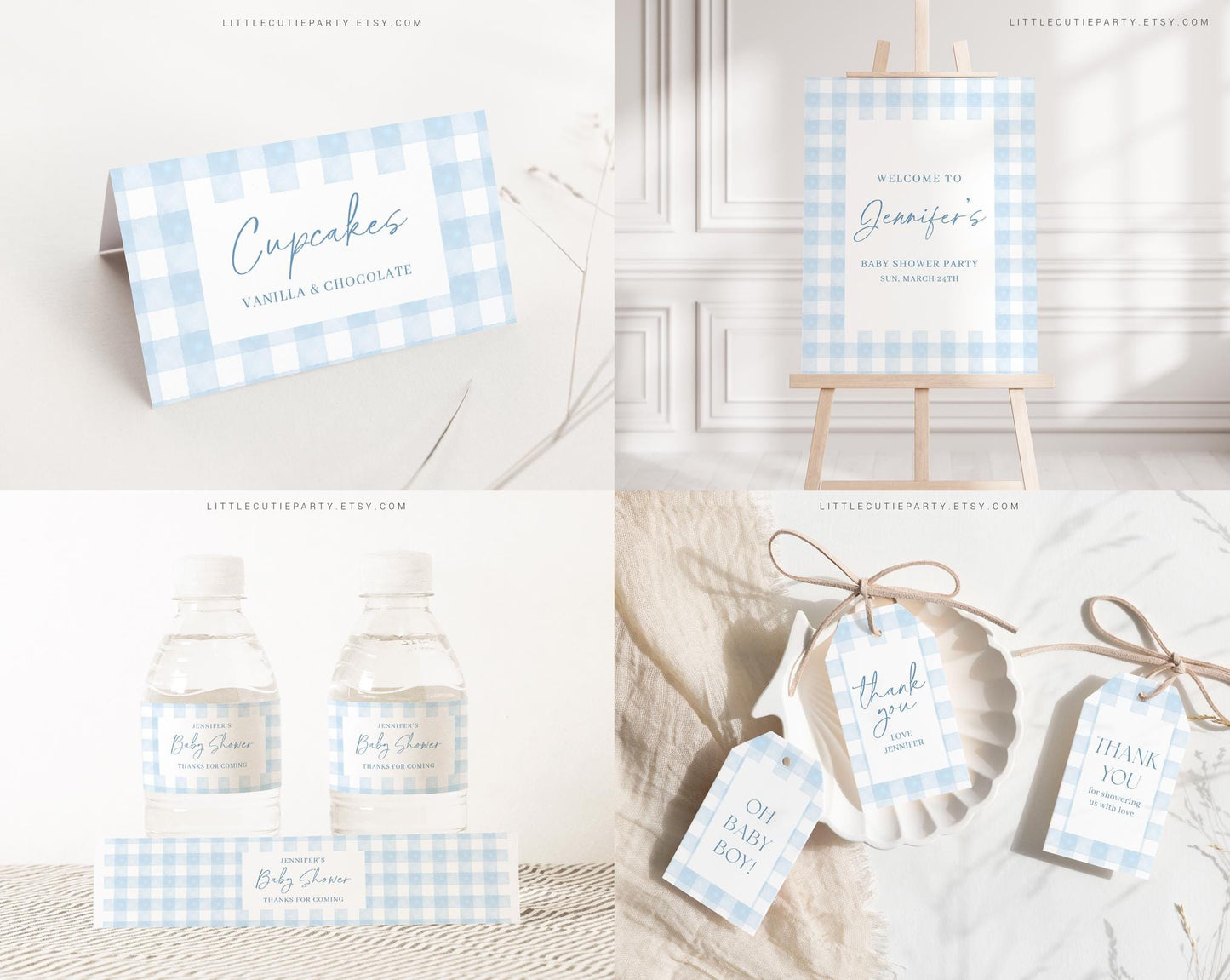 Editable Blue Gingham Baby Shower Invitation Bundle, Baby Blue Boy Bundle Set with Games Bundle and Blue Shower Decorations BGHBS002