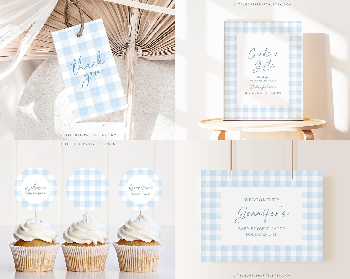 Editable Blue Gingham Baby Shower Invitation Bundle, Baby Blue Boy Bundle Set with Games Bundle and Blue Shower Decorations BGHBS002