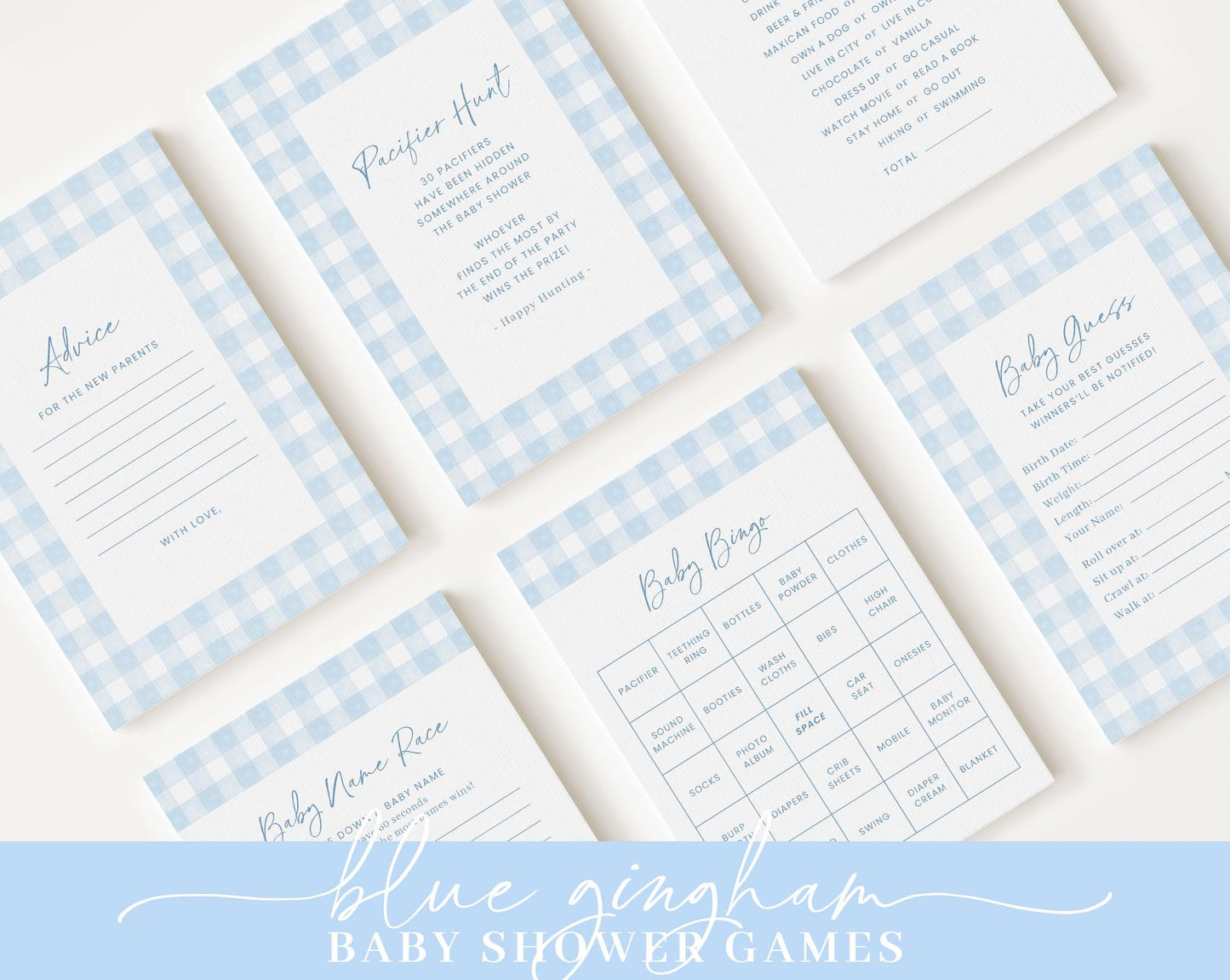 Editable Blue Gingham Baby Shower Invitation Bundle, Baby Blue Boy Bundle Set with Games Bundle and Blue Shower Decorations BGHBS002