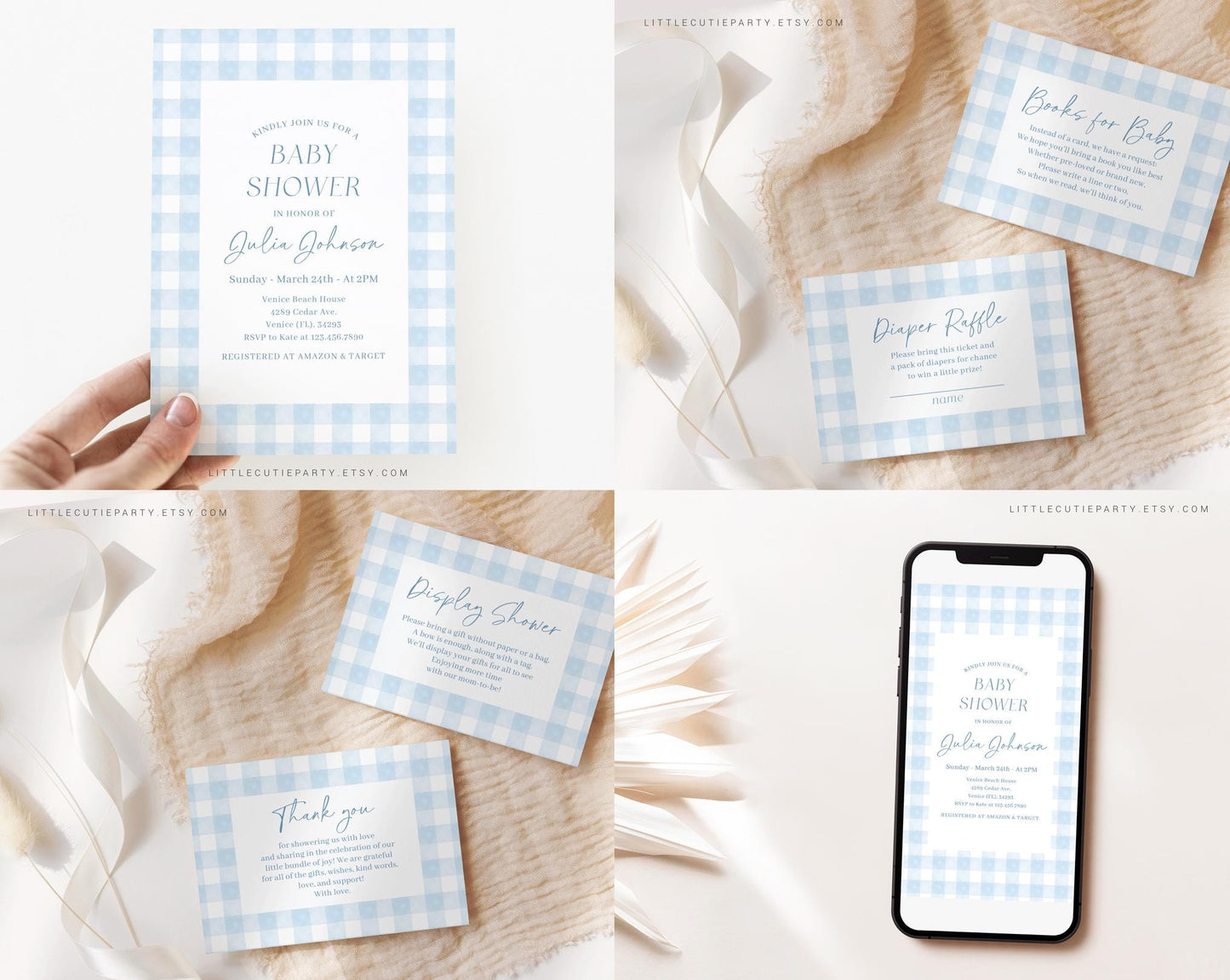 Editable Blue Gingham Baby Shower Invitation Bundle, Baby Blue Boy Bundle Set with Games Bundle and Blue Shower Decorations BGHBS002