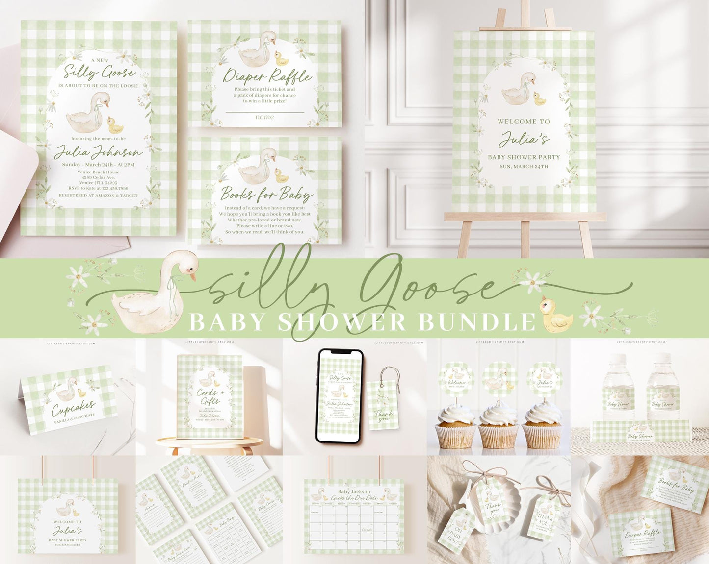 Editable Mother Goose Baby Shower Invitation Bundle, Silly Goose Baby Shower Bundle with Games and Baby Shower Decor SLGBS001