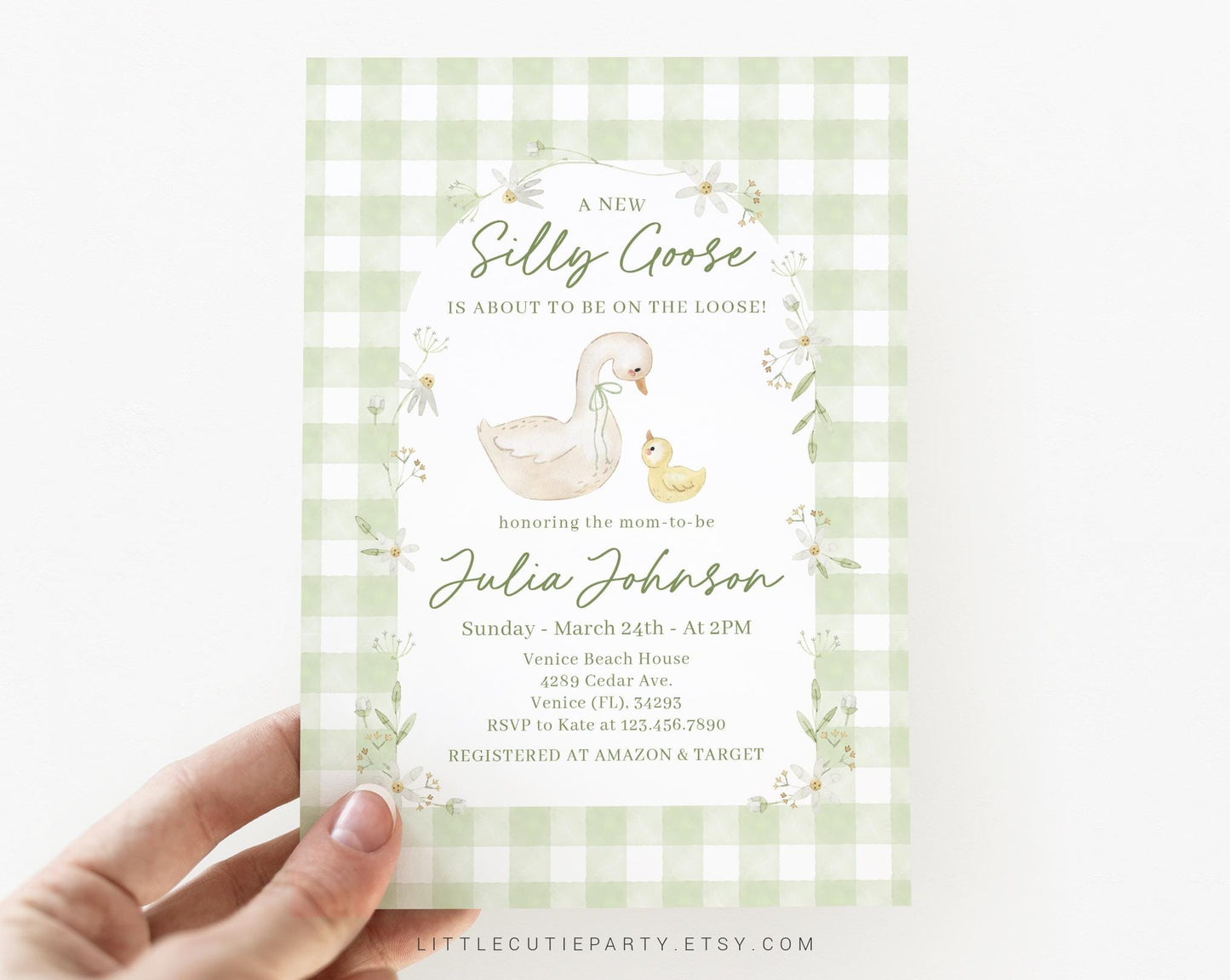 Editable Silly Goose Baby Shower Invitation, Mother Goose Baby shower Invitations with Diaper Raffle, Books for Baby and Tag SLGBS001