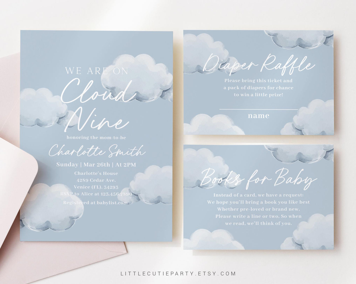 Editable On Cloud Nine Baby Shower Invitation, On Cloud 9, Clouds baby shower invite with Diaper Raffle, Books for Baby and Tag CNBS001