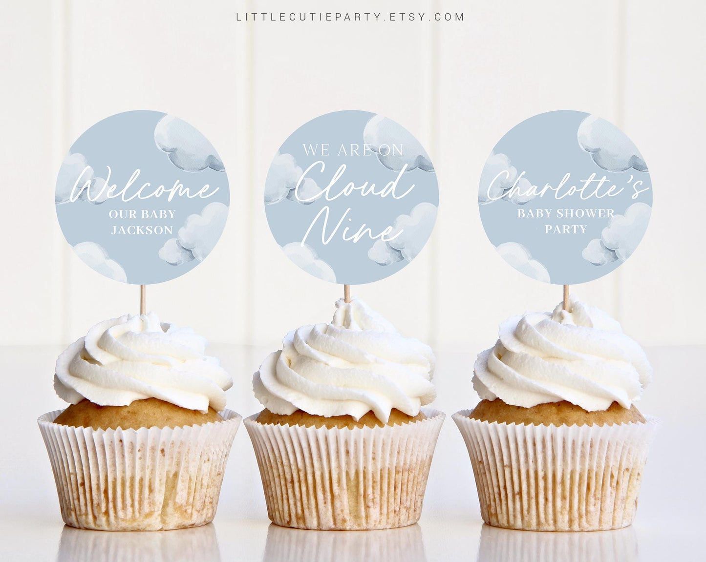 Editable We are on Cloud Nine Cake Topper, On Cloud 9 Baby Shower Cupcake Toppers, for Clouds Baby Shower Decorations CNBS001