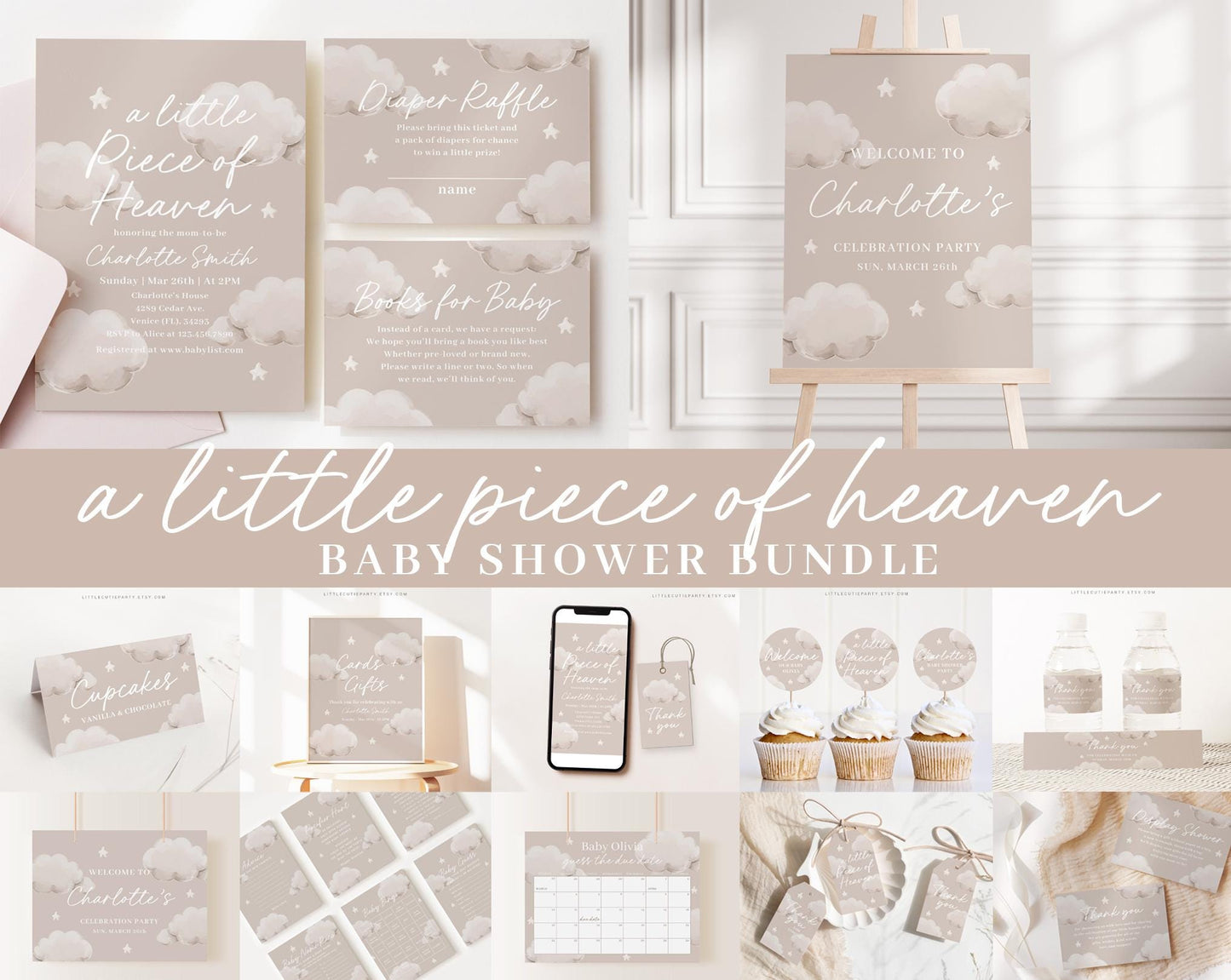 Editable Little Piece of Heaven Invitation Bundle, A Little Piece of Heaven Baby Shower Bundle with Games and Baby Shower Decor LPHBS001