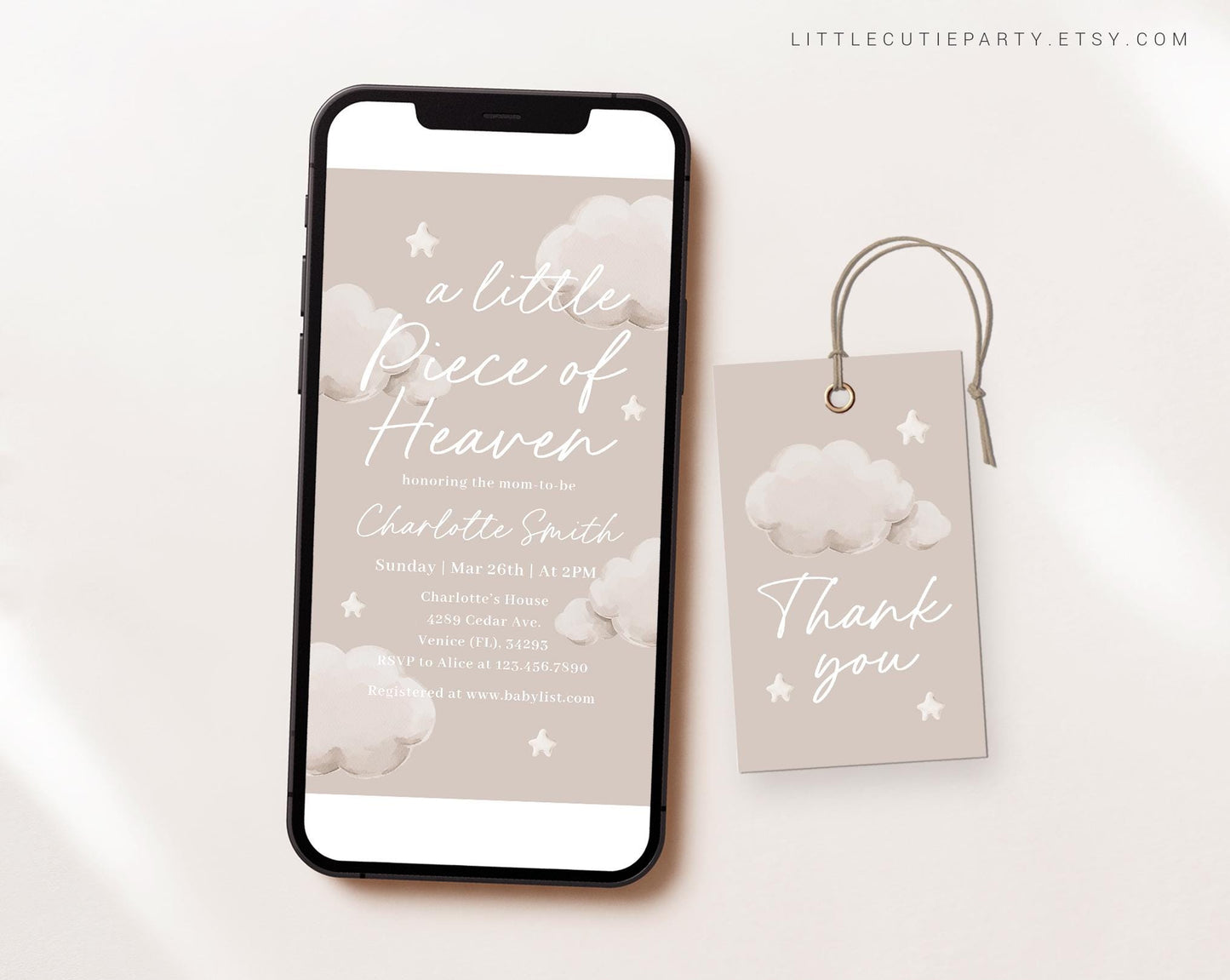 Editable Little Piece of Heaven Baby Shower Invite, Heaven Sent Baby Shower Invite Set, Heaven Sent Baby Shower Evite Digital LPHBS001