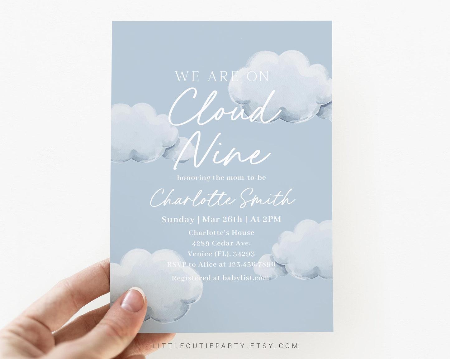 Editable On Cloud Nine Baby Shower Invitation, On Cloud 9, Clouds baby shower invite with Diaper Raffle, Books for Baby and Tag CNBS001
