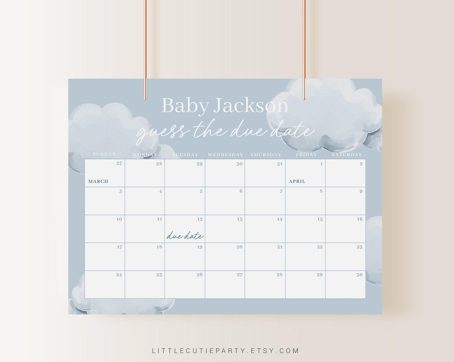 Editable On Cloud Nine Baby Shower Due Date Calendar, Cloud 9 Baby Games, Due Date Calendar for Clouds Theme CNBS001