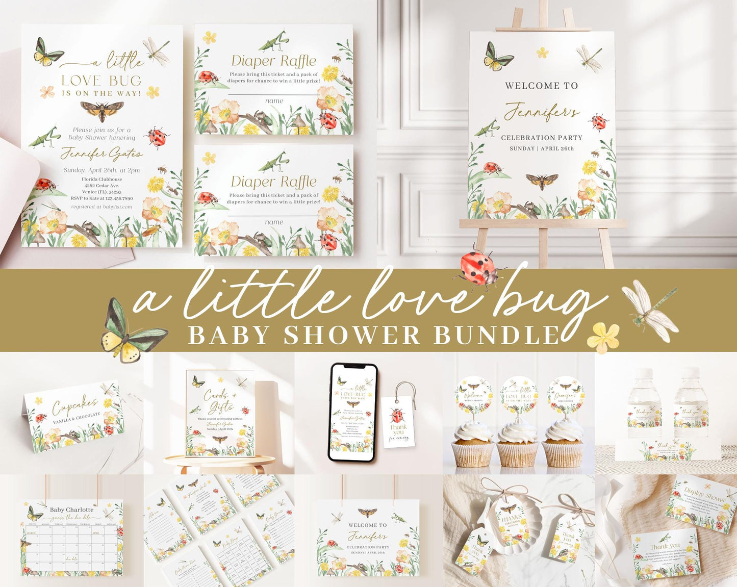 Editable Little Love Bug Baby Shower Bundle, Lovebug Baby Shower Invite Bundle with Lovebug Shower Games and Decor LVBBS001