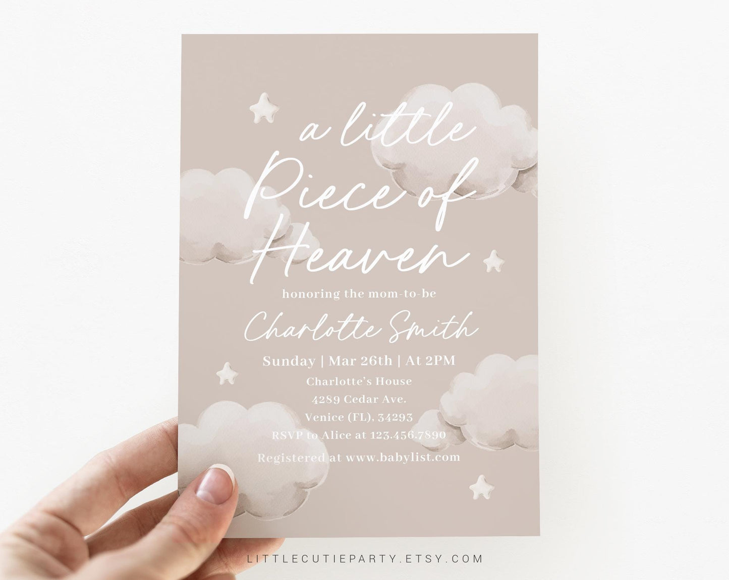 Editable Little Piece of Heaven Invitation, Little Piece of Heaven Baby Shower, Clouds baby, Diaper Raffle, Books for Baby, Tag LPHBS001