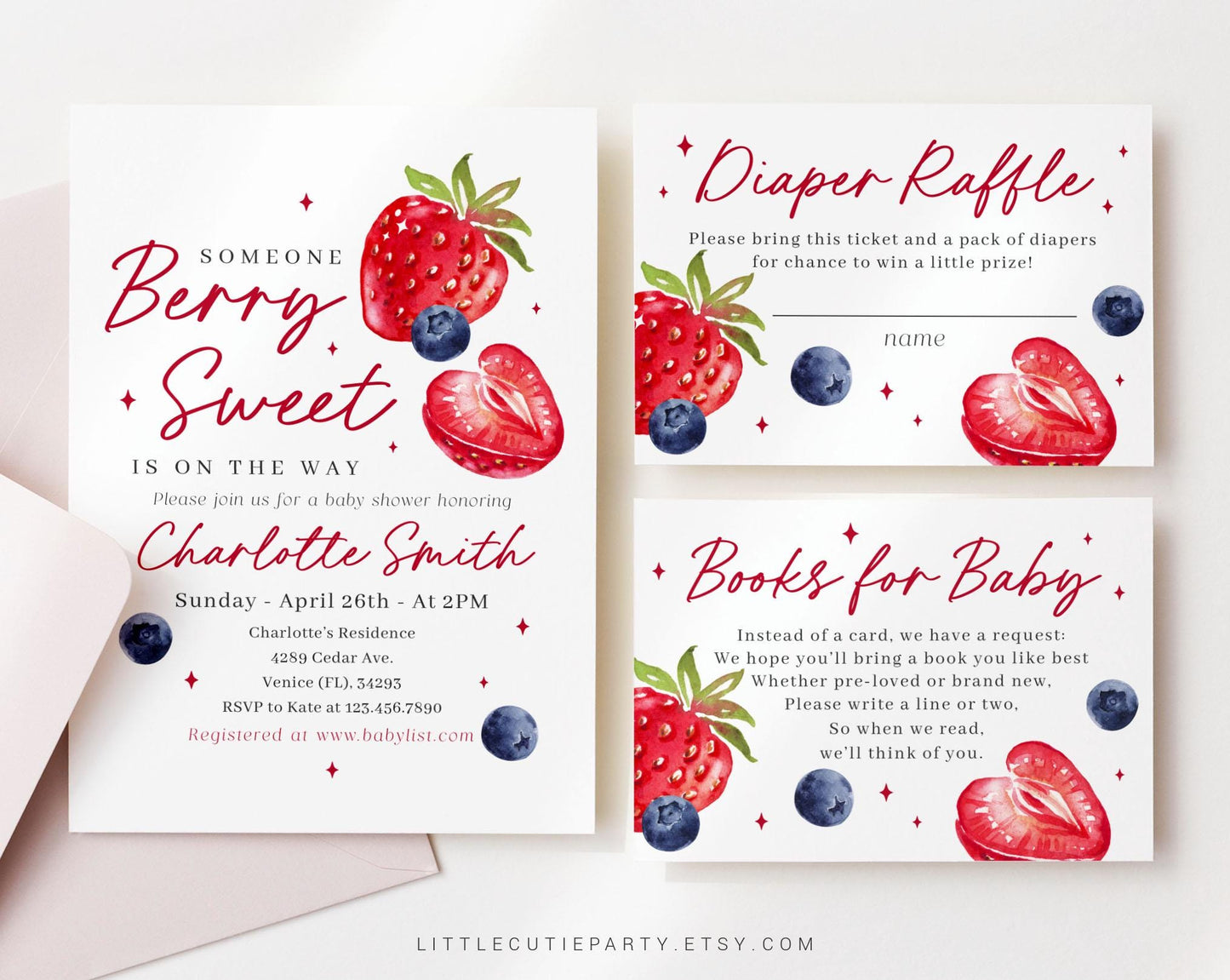Editable Someone Berry Sweet Shower Invitation, Berry Sweet Baby Shower Invitation with Diaper Raffle, Books for Baby and Tag BRSBS002