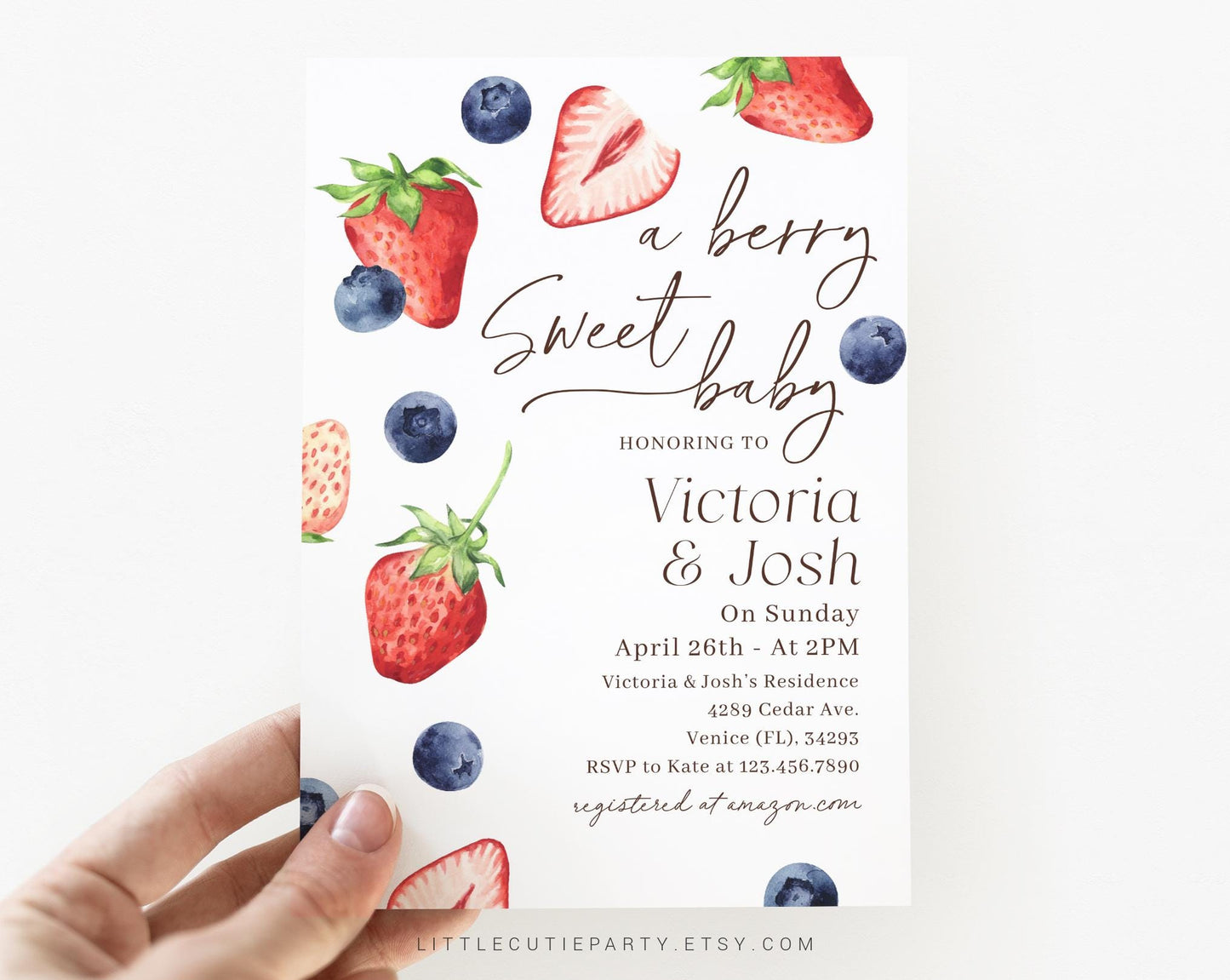 Editable Berry Sweet Baby Shower Invitation, Berry Baby Shower Invites, Blueberry Strawberry Diaper Raffle, Books for Baby and Tag BRSBS003