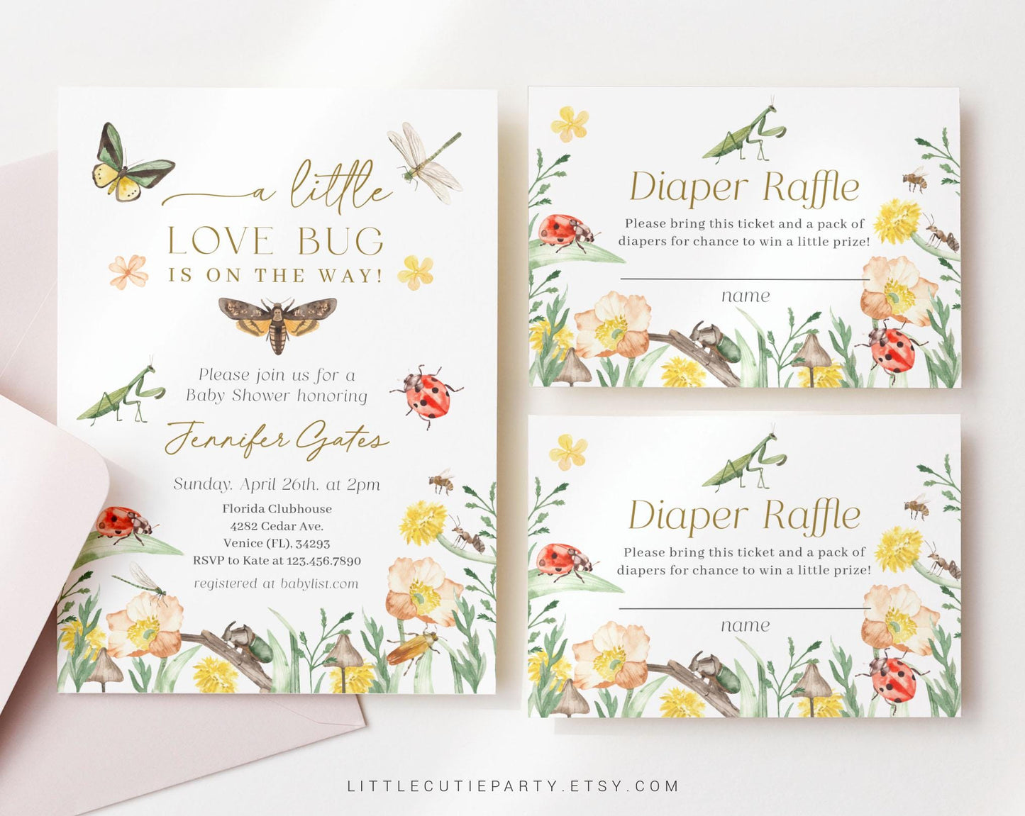 Editable Little Love Bug Baby Shower Invitations Template, Little Love Bug On the Way Invite Diaper Raffle, Books for Baby and Tag LVBBS001
