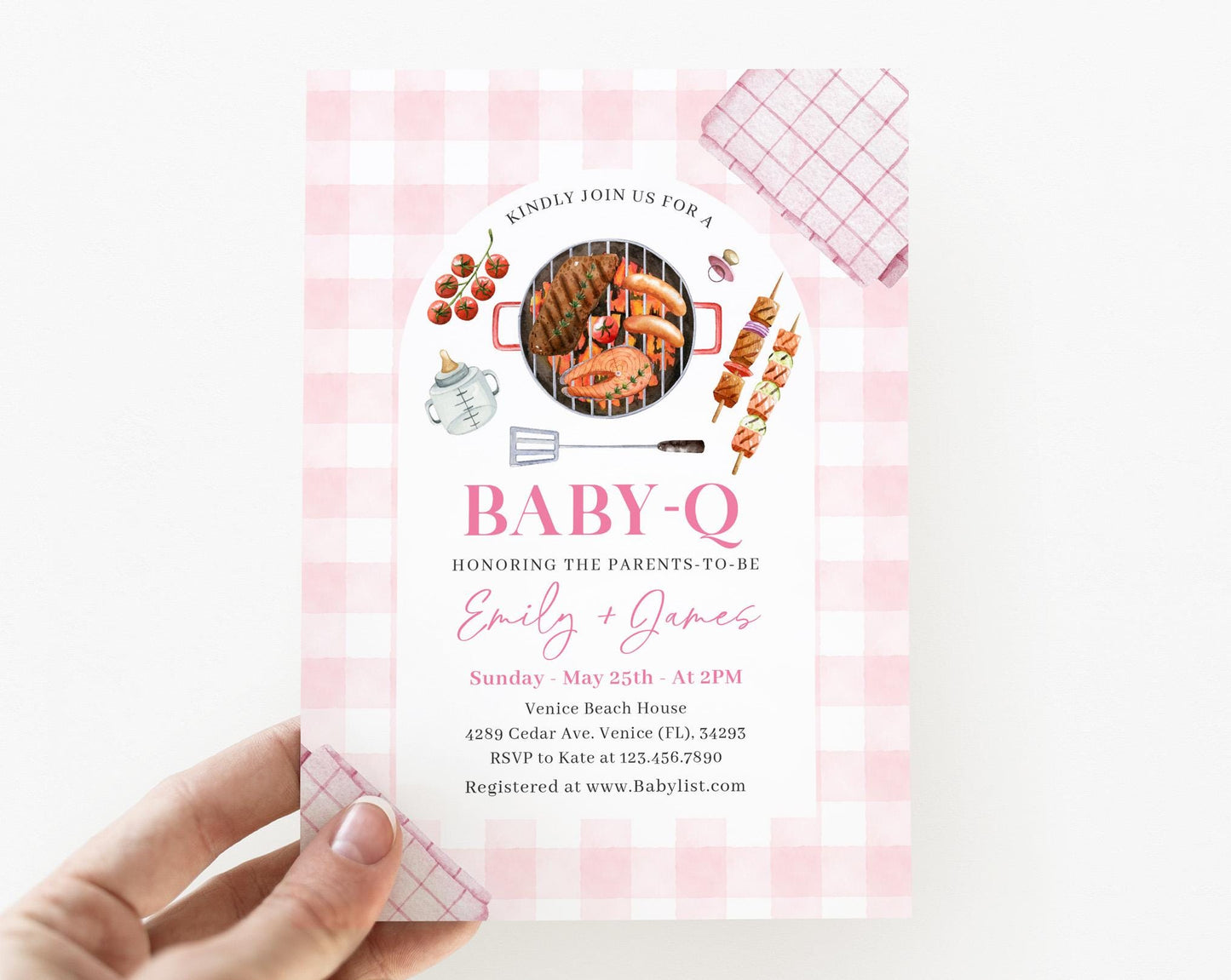 Editable BBQ Baby Shower Girl Invitation, Baby Q Girl Invitations, BabyQ Pink Baby Shower with Diaper Raffle, Book for Baby and Tag BBQBS003