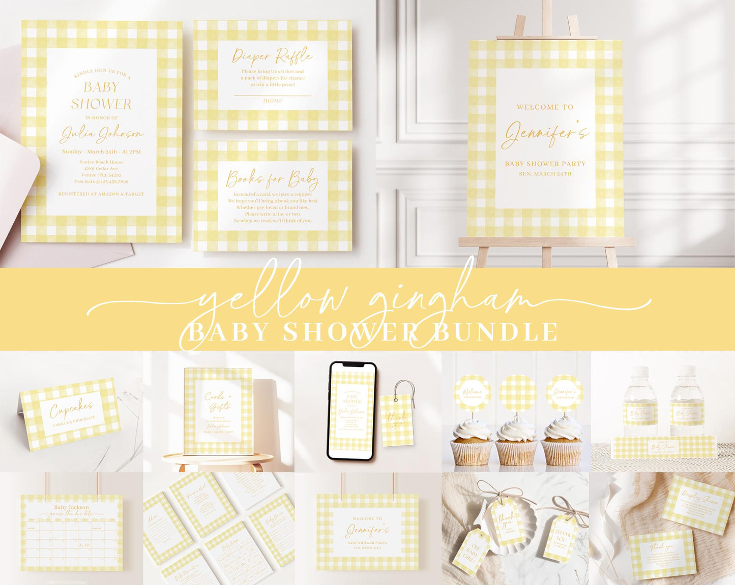 Editable Yellow Gingham Baby Shower Invitation Bundle, Yellow Baby Shower Invite with Games and Yellow Baby Shower Decor YGHBS001