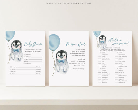 10 Editable Blue Penguin Baby Shower Games, Baby Boy Shower Games Bundle, Penguin Boy Set Neutral Baby Shower Party Games PENGBS002