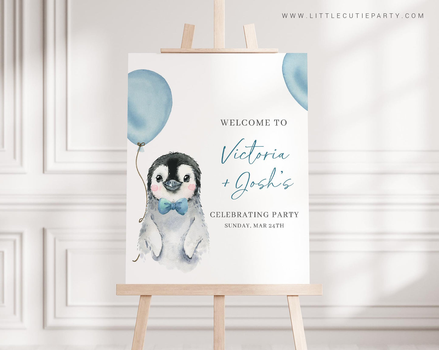 Editable Blue Penguin Baby Shower Welcome Sign, Penguin Boy Baby Shower Sign, Welcome Board, Welcome Template Shower Decoration PENGBS002