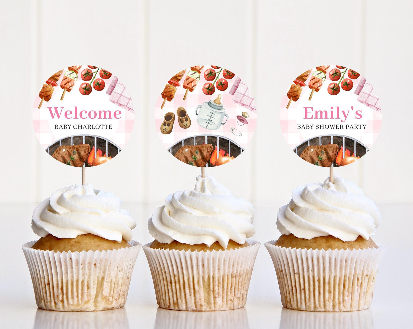 Editable Babyq Pink Cake Toppers, BBQ Baby Shower Pink Cupcake Toppers, Cake Topper Template, Baby Q Pink Stickers Decorations BBQBS003
