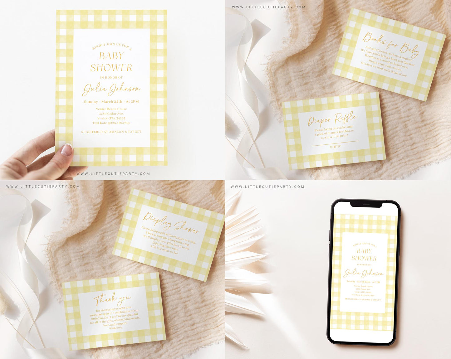 Editable Yellow Gingham Baby Shower Invitation Bundle, Yellow Baby Shower Invite with Games and Yellow Baby Shower Decor YGHBS001