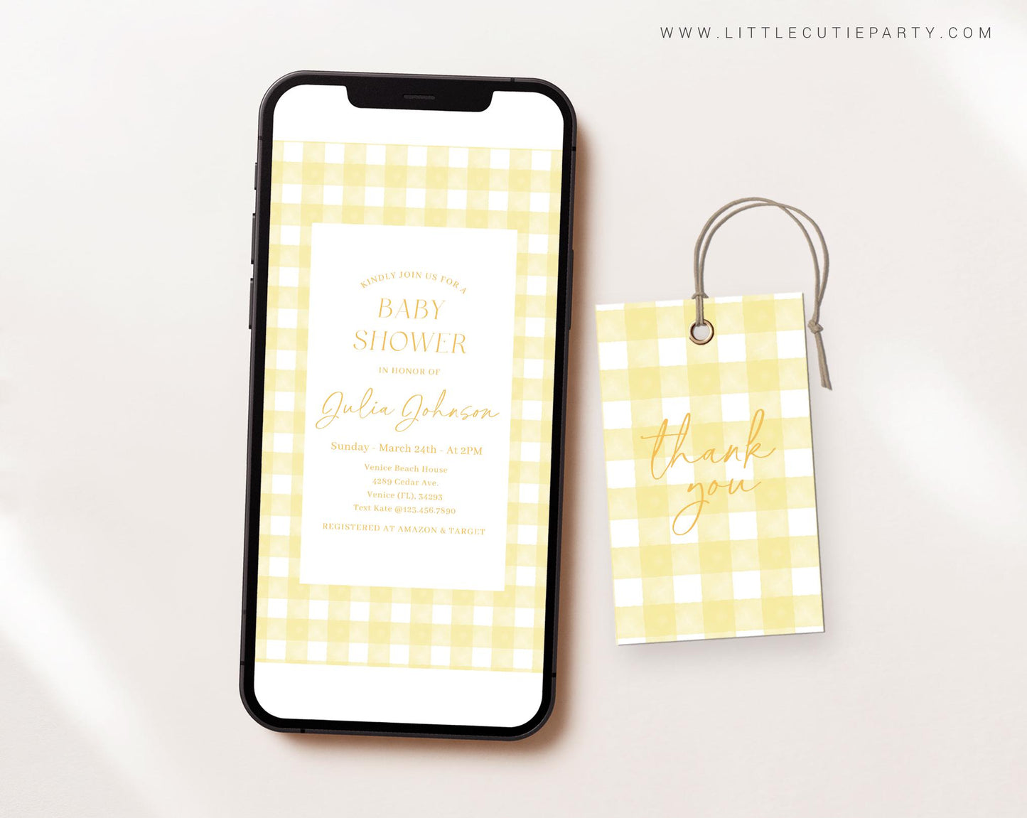 Editable Yellow Gingham Baby Shower Invite, Yellow Baby Shower Evite, Baby Shower Digital Invite for Yellow Baby Shower YGHBS001