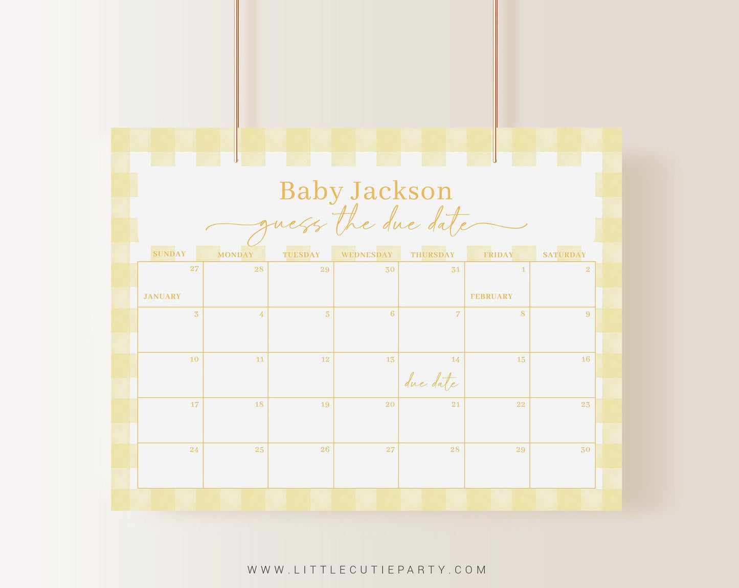 Editable Yellow Gingham Baby Shower Calendar, Yellow Due Date Calendar, Baby Shower Due Date Calendar Game for Yellow Shower YGHBS001